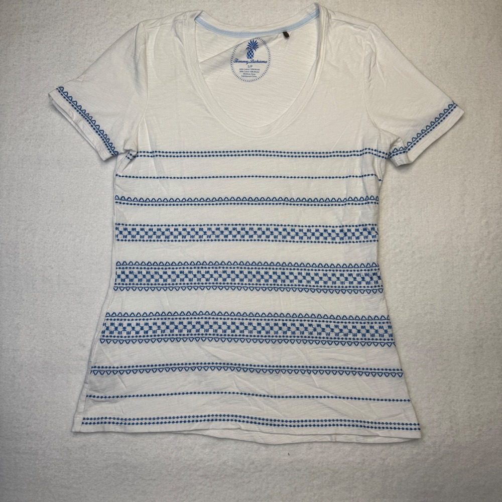 Tommy Bahama Womens Small White Blue Embroidered Striped V-Neck T-Shirt Cotton S